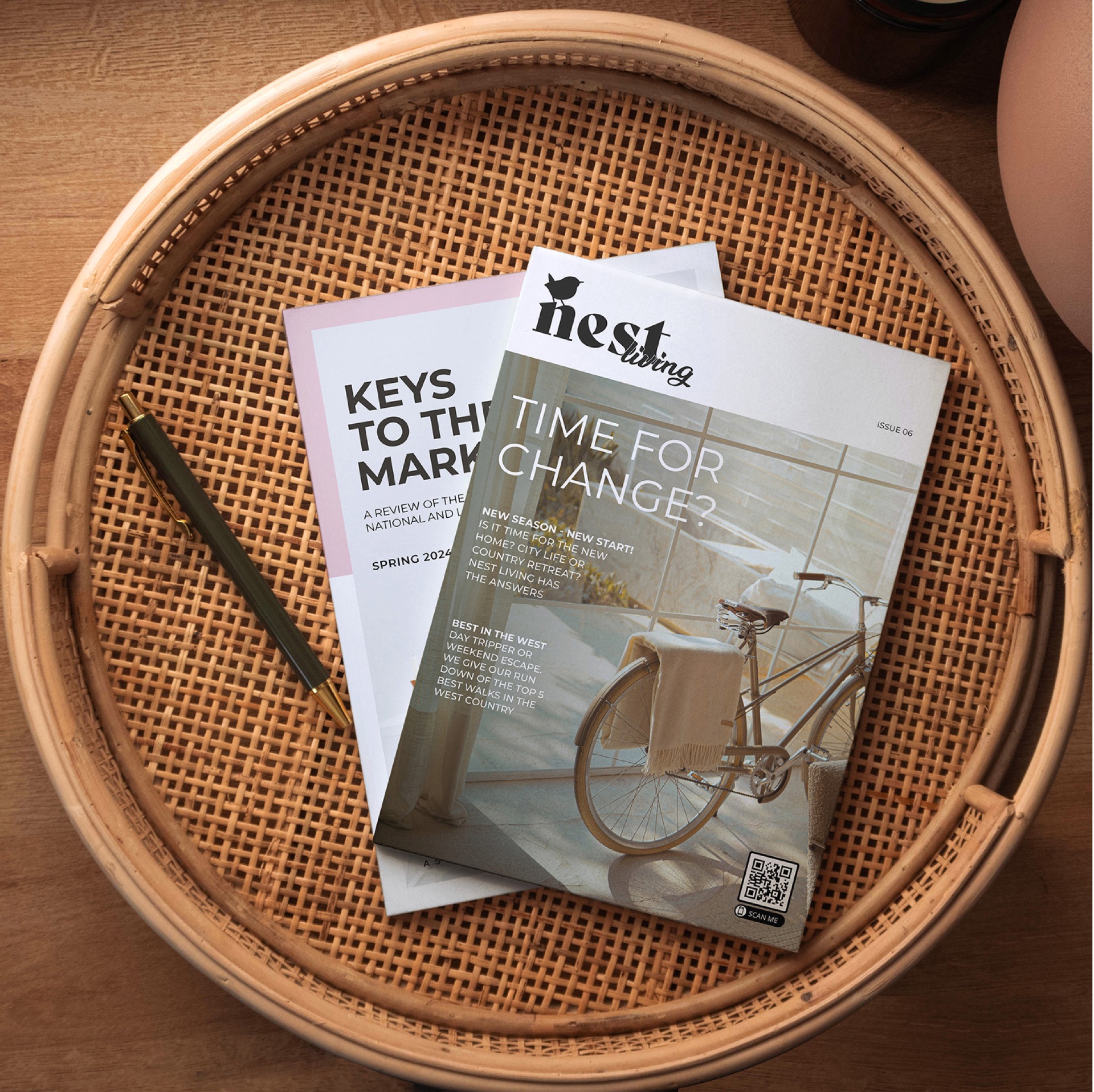 Nest Living magazine on a wicker tray